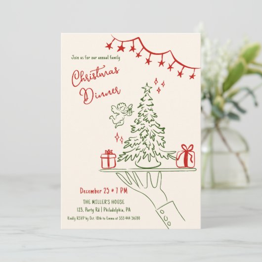 Hand getrokken kerstdiner Fancy uitnodiging (Staand voorkant)
