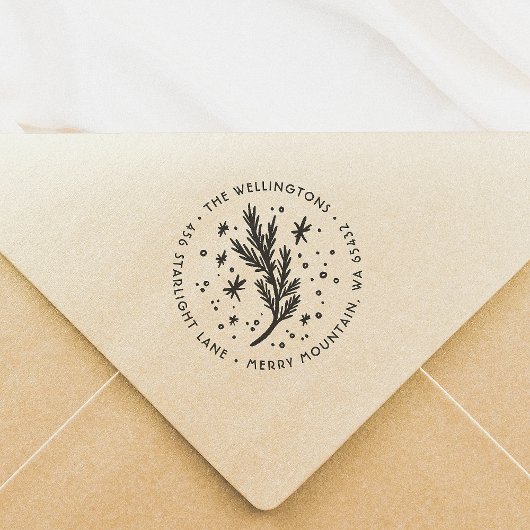 Hand-getrokken Kerstmis Pine familie retour adres Rubberstempel