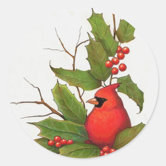 Hand-getrokken Kerstmisillustratie: Holly, Kardina Ronde Sticker (Voorkant)