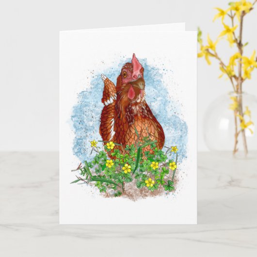 Hand getrokken Kip Kunst | Gefeliciteerd Kaart (Gele Bloem)