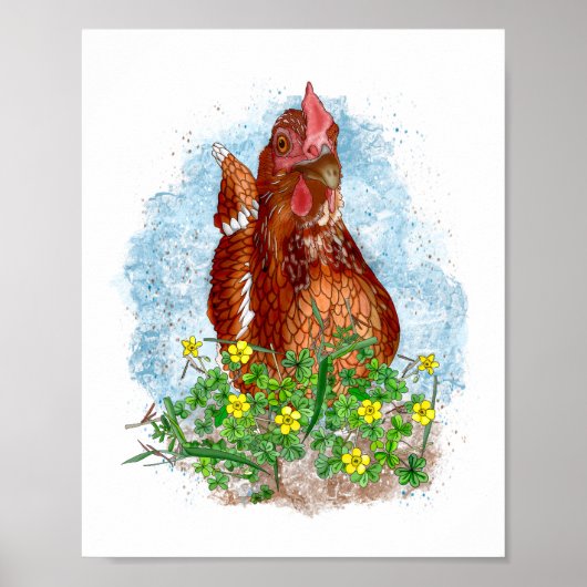 Hand getrokken Kip Kunst | Leuke kip in bloemen Poster (Voorkant)