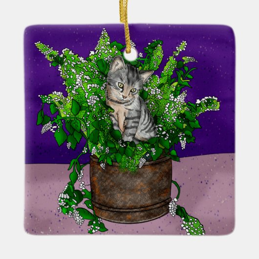 Hand getrokken kitten zittend in Catnip Kerstmis Keramisch Ornament (Voorkant)
