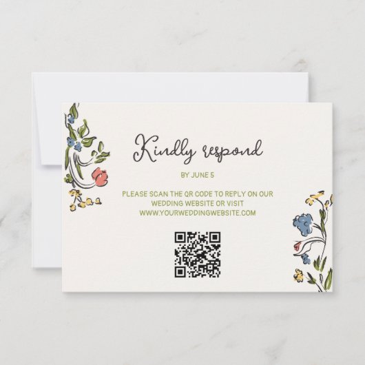 Hand getrokken Kleurrijke Bloemen QR Code RSVP Kaartje (Voorkant)