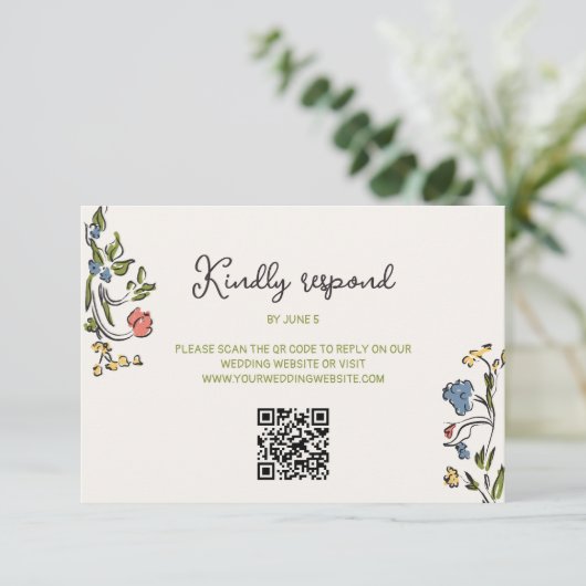 Hand getrokken Kleurrijke Bloemen QR Code RSVP Kaartje (Staand voorkant)