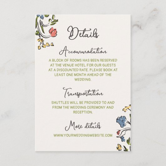Hand getrokken kleurrijke bloemenbruiloft details informatiekaartje (Voorkant)
