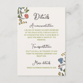 Hand getrokken kleurrijke bloemenbruiloft details informatiekaartje