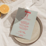 Hand getrokken kleurrijke eigenzinnige champagne r menu<br><div class="desc">Een kleurrijke retro funky modern rood en hemelsblauw huwelijksdiner menu. Die chique sjabloon ontwerp van hemelsblauwe achtergrond en levendige rode hand geschreven typografie. Met Hand getrokken cocktailglazen met linten. Perfect en passend bij de hele suite.</div>