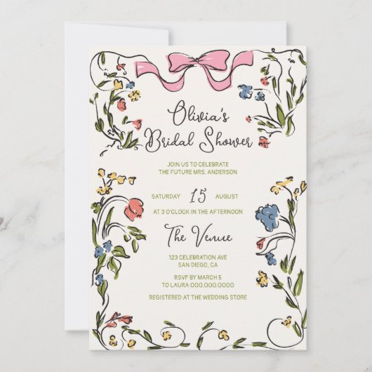 Hand getrokken Kleurrijke Floral Lijst Bow Vrijgez Kaart (Voorkant)