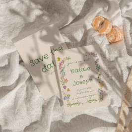 Hand getrokken kleurrijke pastel eigenzinnige bloe save the date