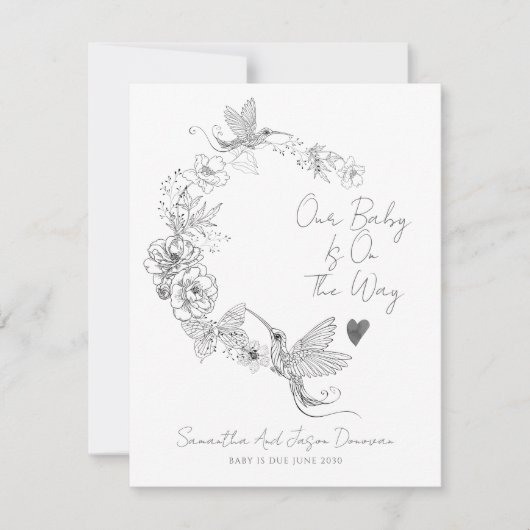 Hand getrokken kolibrie Floral Botanische Zwangers Aankondiging (Voorkant)