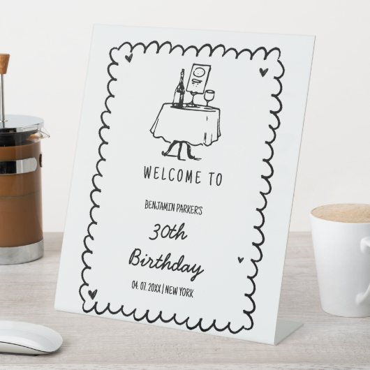 Hand getrokken krabbel 30e verjaardag welkom teken reclamebord met voetstuk (Insitu)