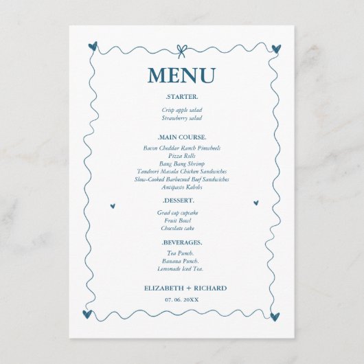 Hand getrokken krabbel blauwe illustratie bruiloft menu (Voorkant)