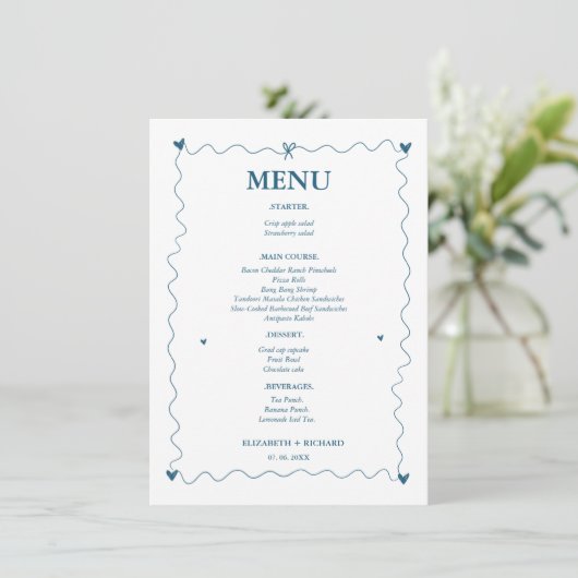 Hand getrokken krabbel blauwe illustratie bruiloft menu (Staand voorkant)