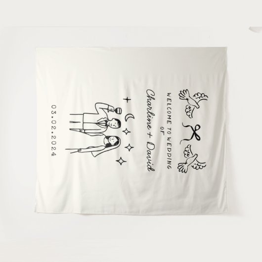 Hand getrokken krabbel bruiloft welkom wandkleed (Voorkant (horizontaal))