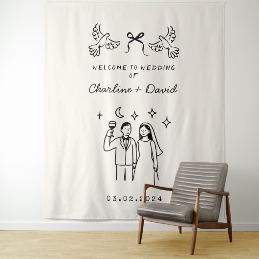 Hand getrokken krabbel bruiloft welkom wandkleed (In situ)