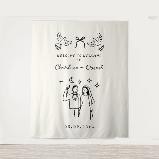 Hand getrokken krabbel bruiloft welkom wandkleed (Voorkant)