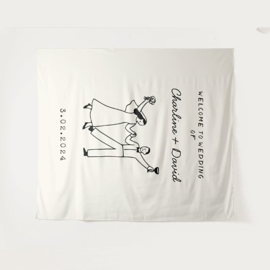 Hand getrokken krabbel bruiloft welkom wandkleed (Voorkant (horizontaal))