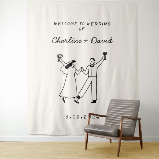Hand getrokken krabbel bruiloft welkom wandkleed (In situ)