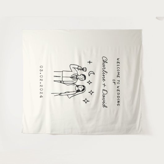 Hand getrokken krabbel bruiloft welkom wandkleed (Voorkant (horizontaal))