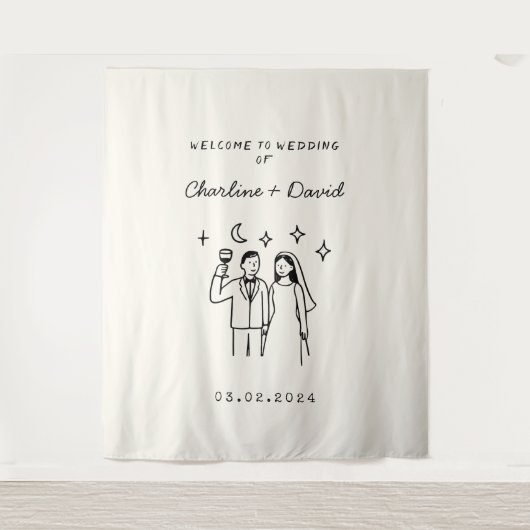 Hand getrokken krabbel bruiloft welkom wandkleed (Voorkant)