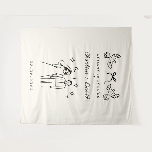 Hand getrokken krabbel bruiloft welkom wandkleed (Voorkant (horizontaal))