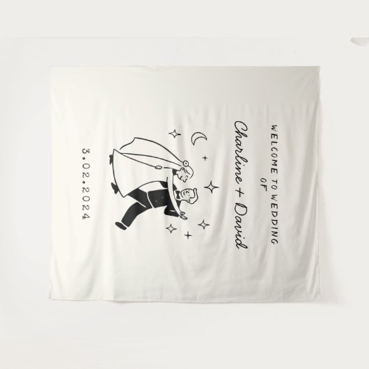 Hand getrokken krabbel bruiloft welkom wandkleed (Voorkant (horizontaal))