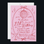 Hand getrokken krabbel cocktail 21st elke leeftijd kaart<br><div class="desc">Vier je 22ste verjaardag in stijl met deze chique Pink Disco Ball Invitation. Met een speels disco bal ontwerp, martini glas en cake illustraties op een levendige roze achtergrond, is deze aanpasbare uitnodiging perfect voor een leuke en feestelijke viering. Personaliseer de tekst eenvoudig om uw feestdetails op te nemen en...</div>