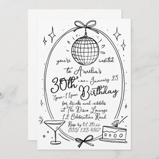 Hand getrokken krabbel cocktail 30th elke leeftijd kaart (Voorkant / Achterkant)