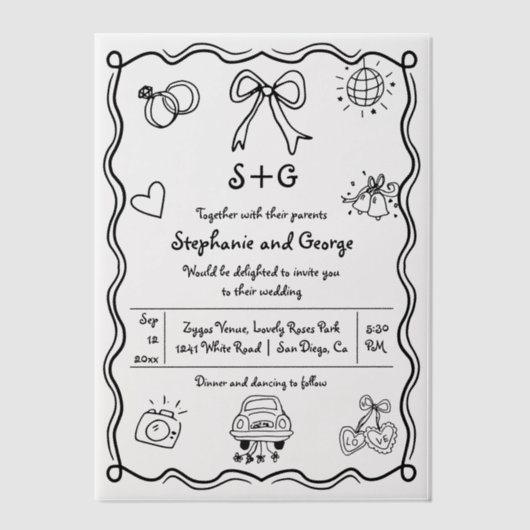 Hand getrokken krabbel doodle grillige bruiloft vellum uitnodigingen (Voorkant)