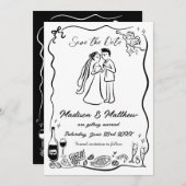 Hand Getrokken Krabbel Doodles Bruid & Bruidegom H Save The Date (Voorkant / Achterkant)