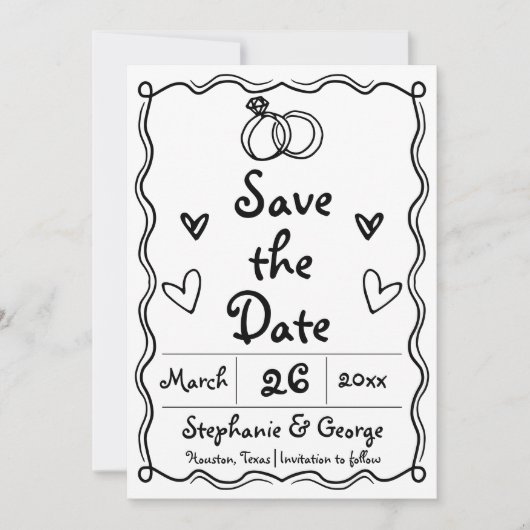 Hand getrokken krabbel kronkelen grillige bruiloft save the date (Voorkant)