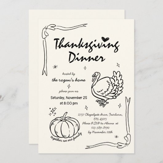 Hand getrokken krabbel pompoen Turkije Thanksgivin Kaart (Voorkant / Achterkant)