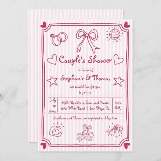 Hand getrokken krabbel roze strepen paar douche kaart (Voorkant / Achterkant)