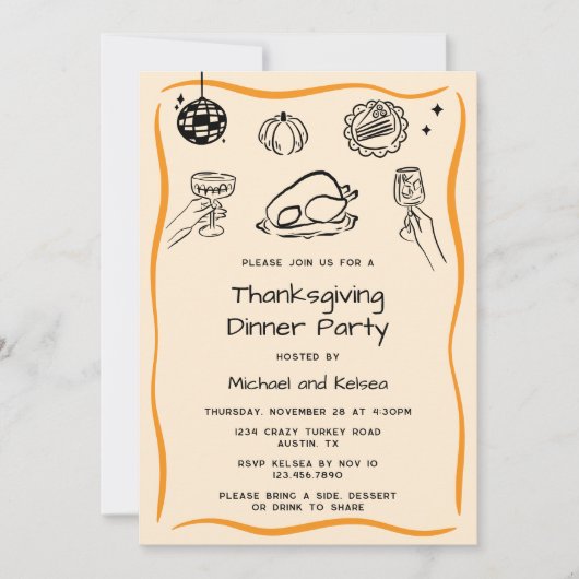 Hand getrokken krabbel Thanksgiving Dinner Invitat Kaart (Voorkant)