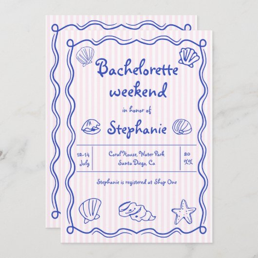 Hand getrokken krabbel zeeschelpen roze bacheloret kaart (Voorkant / Achterkant)