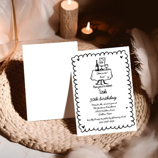 Hand getrokken krabbelcocktail 30e, 40e verjaardag kaart