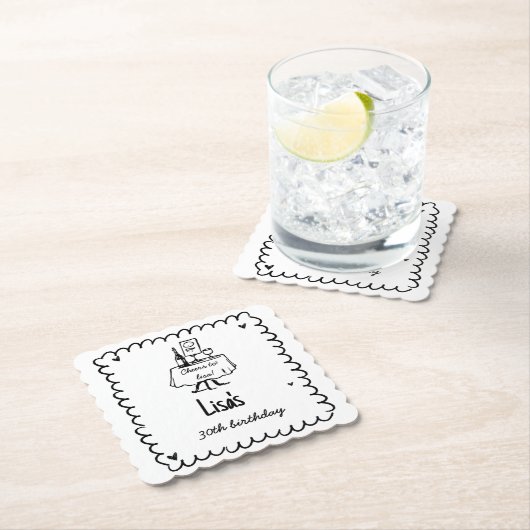 Hand getrokken krabbelcocktail 30e, 40e verjaardag kartonnen onderzetters (Insitu)