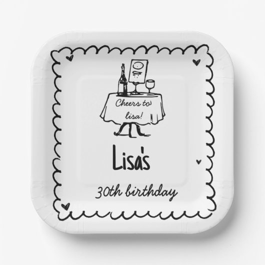 Hand getrokken krabbelcocktail 30e, 40e verjaardag papieren bordje (Voorkant)