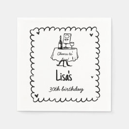 Hand getrokken krabbelcocktail 30e, 40e verjaardag servet
