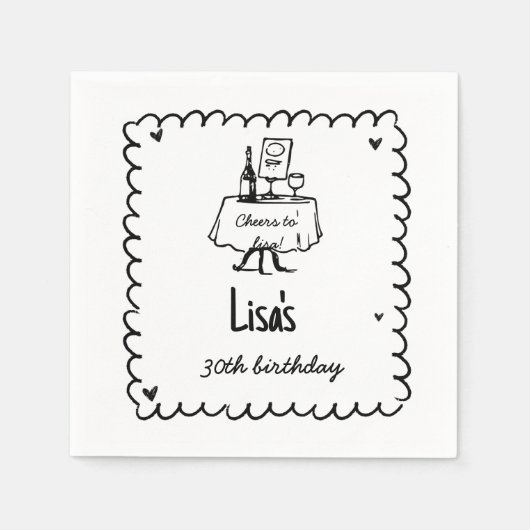 Hand getrokken krabbelcocktail 30e, 40e verjaardag servet (Voorkant)
