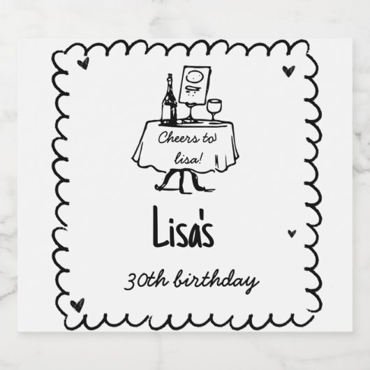 Hand getrokken krabbelcocktail 30e, 40e verjaardag sparkling wijnetiket (Enkel label)