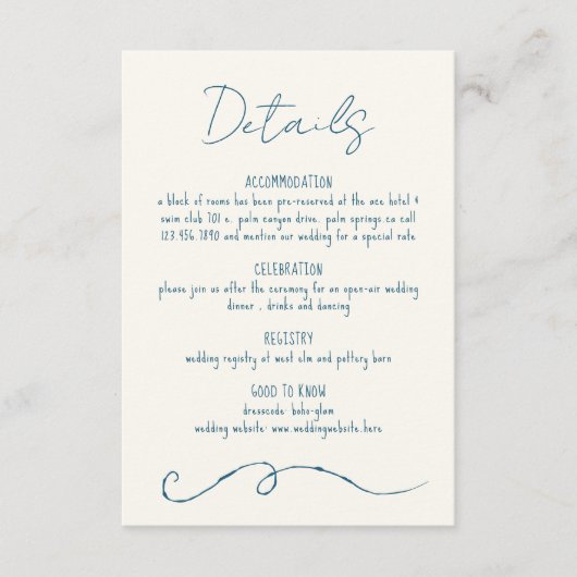 Hand getrokken krabbellijn kleurrijke blauwe bruil informatiekaartje (Voorkant)