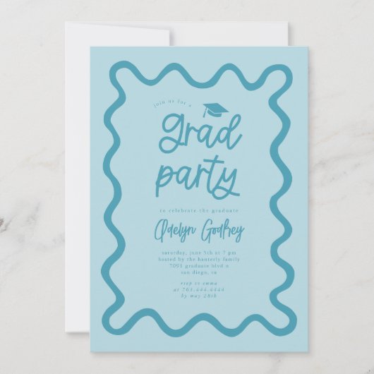 Hand getrokken krakende lijn blauwe afstudeerfeest kaart (Voorkant)