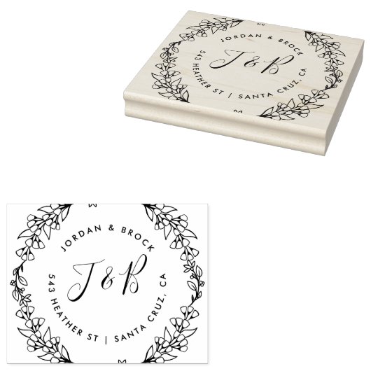 Hand getrokken krans bruiloft Initialen retour adr Rubberstempel (Gestempeld)