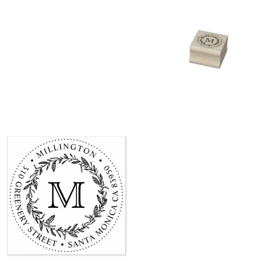 Hand-getrokken krans Monogram Rond Terugkeeradres Rubberstempel (Gestempeld)
