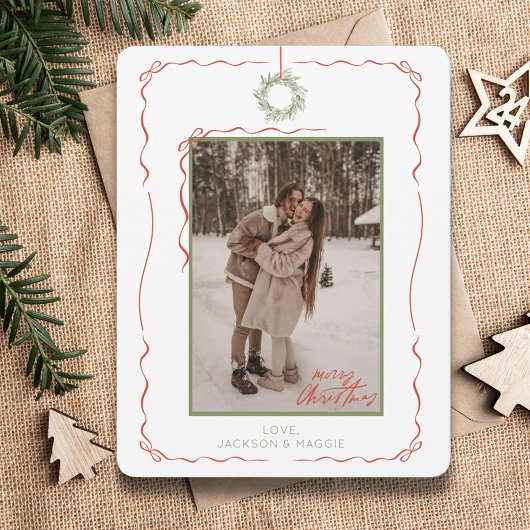 Hand getrokken krans rode boog foto kerst Kaart