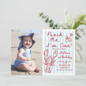 Hand getrokken kreeft 1e verjaardag foto uitnodigi kaart (Staand voorkant)