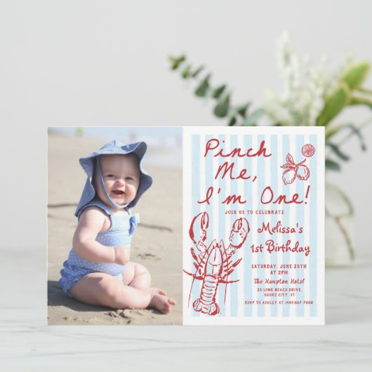 Hand getrokken kreeft 1e verjaardag foto uitnodigi kaart (Staand voorkant)