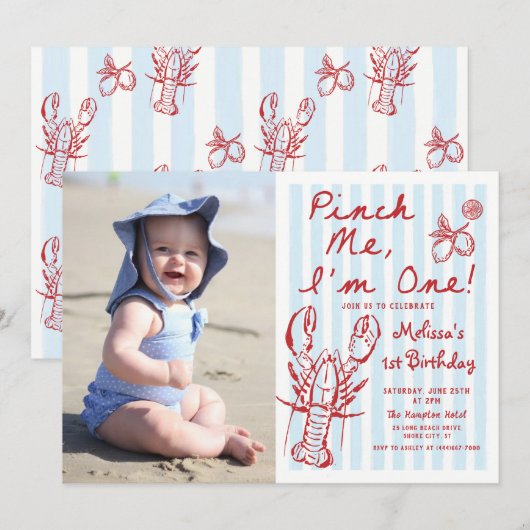 Hand getrokken kreeft 1e verjaardag foto uitnodigi kaart (Voorkant / Achterkant)