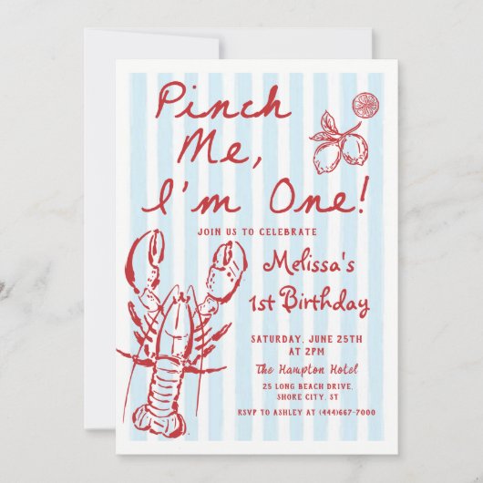 Hand getrokken kreeft 1e verjaardag uitnodiging (Voorkant)